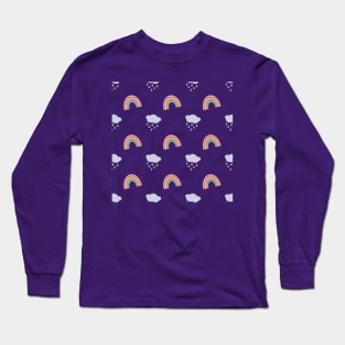 Rainbow and Rain Clouds Pattern in Purple Long Sleeve T-Shirt